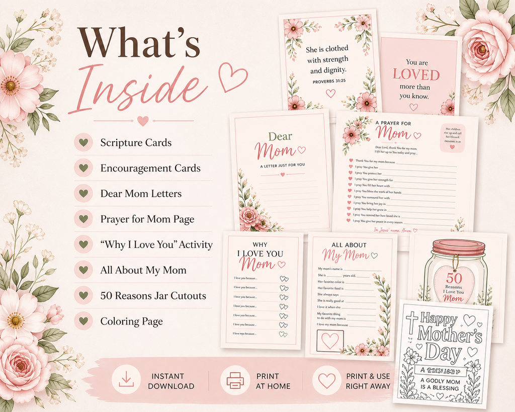 Mother’s Day Bundle | Faith-Based Printable Gift Set for Mom | Scripture Cards, Letters & Activities